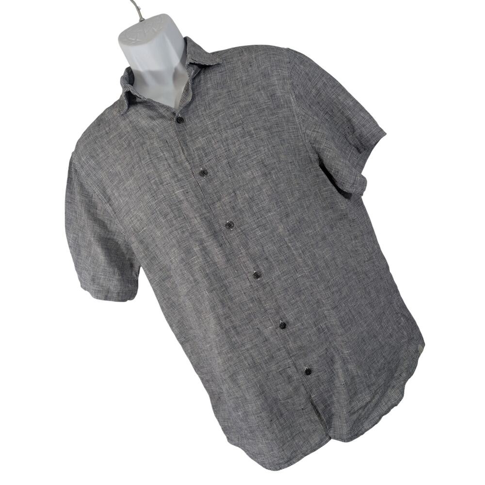 MICHAEL KORS! 100% LINEN! NAVY BLUE & WHITE MICRO HOUNDSTOOTH TAILORED SHIRT! M